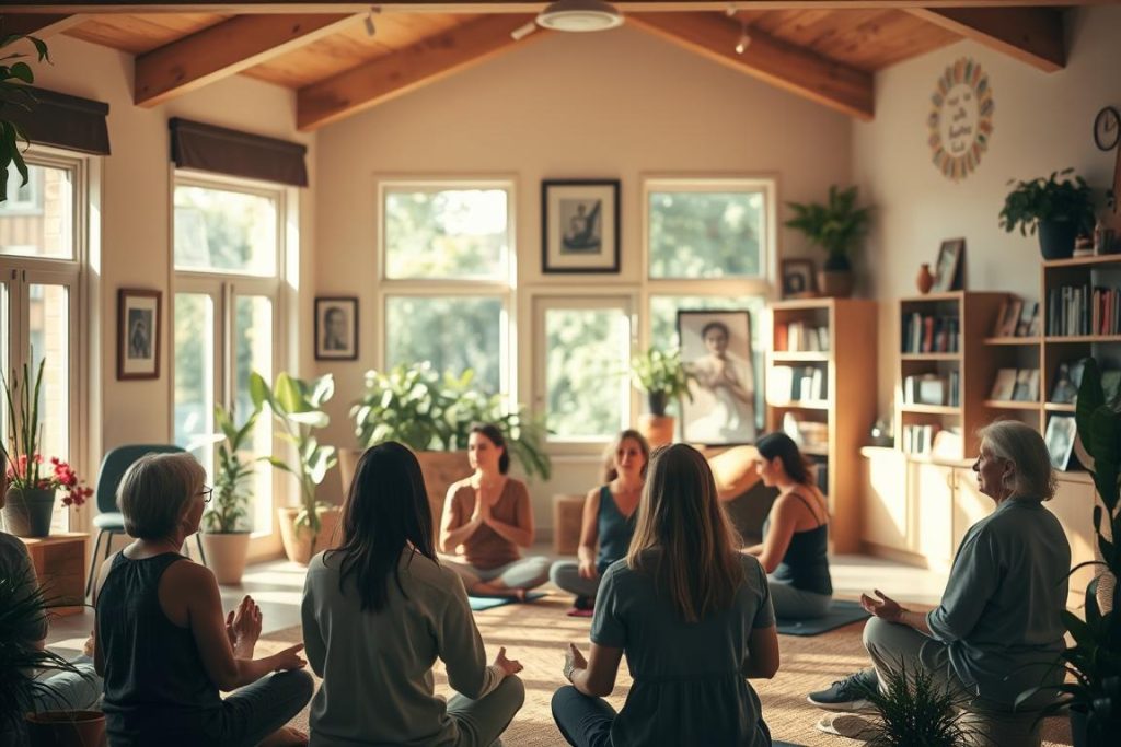 A cozy, warm-lit interior of a community center. In the foreground, a group of people sit in a circle, their faces serene and focused as they engage in a guided meditation. Around them, the room is adorned with natural elements like potted plants and earthy-toned furnishings, creating a soothing, harmonious atmosphere. In the background, large windows allow soft, diffused sunlight to stream in, casting a gentle glow over the scene. The walls are decorated with inspirational artwork and shelves holding books on spiritual enlightenment. An overall sense of tranquility and community pervades the space, encouraging visitors to find their inner peace and connect with like-minded individuals.