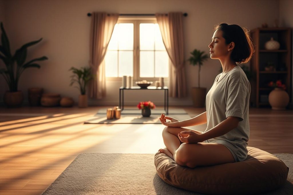 A peaceful, serene scene depicting the daily spiritual practices of mindfulness and meditation. In the foreground, a person sits cross-legged on a plush meditation cushion, palms resting gently on their thighs, eyes closed in a state of deep focus. Warm, diffused lighting filters through a large window, casting a soft glow on the scene. In the middle ground, a small altar displays sacred objects like candles, incense, and a bowl of fresh flowers. The background features a tranquil, minimalist space with natural elements like plants, wood accents, and a neutral color palette, promoting a sense of calm and introspection. The overall atmosphere is one of intentionality, grounding, and the integration of spirituality into everyday life. A peaceful, serene scene depicting the daily spiritual practices of mindfulness and meditation. In the foreground, a person sits cross-legged on a plush meditation cushion, palms resting gently on their thighs, eyes closed in a state of deep focus. Warm, diffused lighting filters through a large window, casting a soft glow on the scene. In the middle ground, a small altar displays sacred objects like candles, incense, and a bowl of fresh flowers. The background features a tranquil, minimalist space with natural elements like plants, wood accents, and a neutral color palette, promoting a sense of calm and introspection. The overall atmosphere is one of intentionality, grounding, and the integration of spirituality into everyday life.