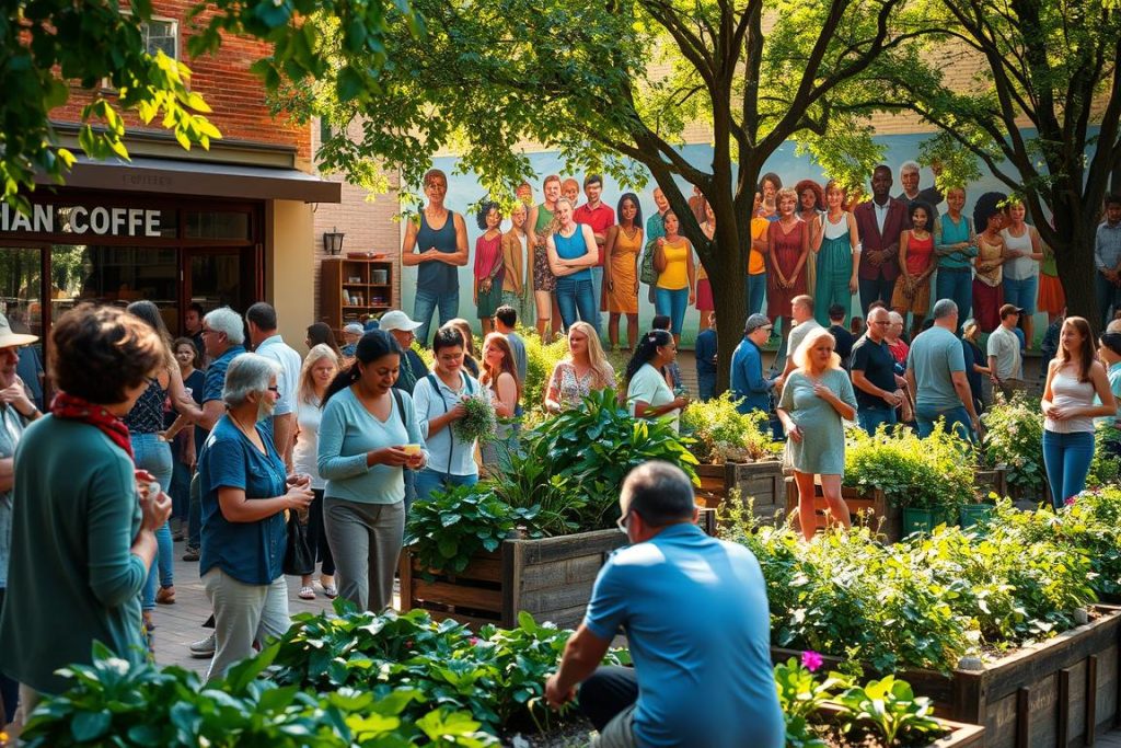 A peaceful, sun-dappled town square, bustling with a diverse community. People of all ages and backgrounds gather, engaged in lively conversation, sharing meals, and connecting over shared interests. In the foreground, a group of neighbors tending to a lush community garden, their faces aglow with a sense of purpose and camaraderie. The middle ground features a cozy coffee shop, its windows framing the warm smiles of patrons. In the background, a mural depicts a vibrant tapestry of cultures, symbolizing the unity and mutual support that permeates this supportive community. Soft natural lighting filters through the trees, creating a serene and inviting atmosphere that encourages mindfulness and a sense of belonging. A peaceful, sun-dappled town square, bustling with a diverse community. People of all ages and backgrounds gather, engaged in lively conversation, sharing meals, and connecting over shared interests. In the foreground, a group of neighbors tending to a lush community garden, their faces aglow with a sense of purpose and camaraderie. The middle ground features a cozy coffee shop, its windows framing the warm smiles of patrons. In the background, a mural depicts a vibrant tapestry of cultures, symbolizing the unity and mutual support that permeates this supportive community. Soft natural lighting filters through the trees, creating a serene and inviting atmosphere that encourages mindfulness and a sense of belonging.