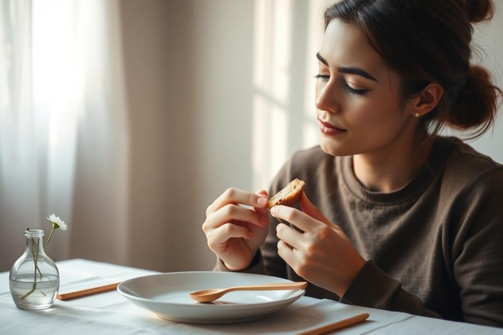 A person seated at a table, mindfully savoring a simple meal. Soft natural lighting filters through a window, casting a warm glow on the scene. The table is adorned with a minimalist place setting - a white plate, wooden utensils, and a single flower in a small vase. The person's eyes are closed, their expression serene, as they take a slow, deliberate bite, fully immersed in the sensory experience of the food. The background is blurred, emphasizing the subject's focused attention. The overall mood is one of tranquility, presence, and an appreciation for the nourishment before them.