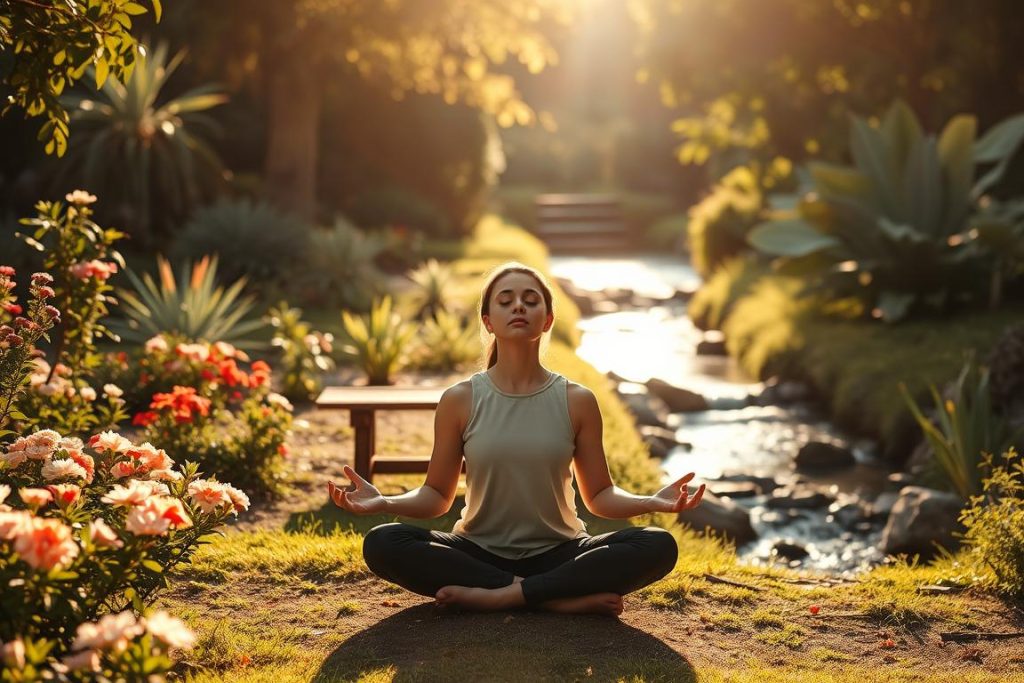 A serene garden scene, bathed in warm, natural light. In the foreground, a person sitting cross-legged, eyes closed, palms upturned in a meditative pose. Surrounding them, lush greenery and blooming flowers, creating a sense of tranquility and connection with the natural world. In the middle ground, a wooden bench invites visitors to pause and find their own moment of mindfulness. The background features a gently flowing stream, its calming sounds prompting deep breaths and a slowing of the pace. An overall atmosphere of presence, clarity, and harmonious living.