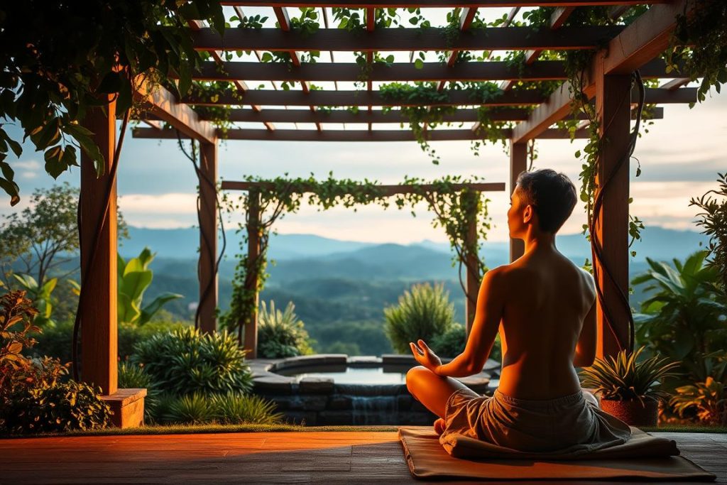 A serene meditation garden, illuminated by warm, natural lighting. In the foreground, a person sits cross-legged on a cushion, eyes closed, hands resting on their lap in a state of deep focus. Surrounding them, lush greenery, including a small pond with a trickling waterfall, creates a calming atmosphere. In the middle ground, a wooden pergola draped with vines frames the scene, while in the background, distant rolling hills and a tranquil sky complete the peaceful, contemplative setting. The overall mood is one of mindfulness, inner reflection, and a connection to the natural world.