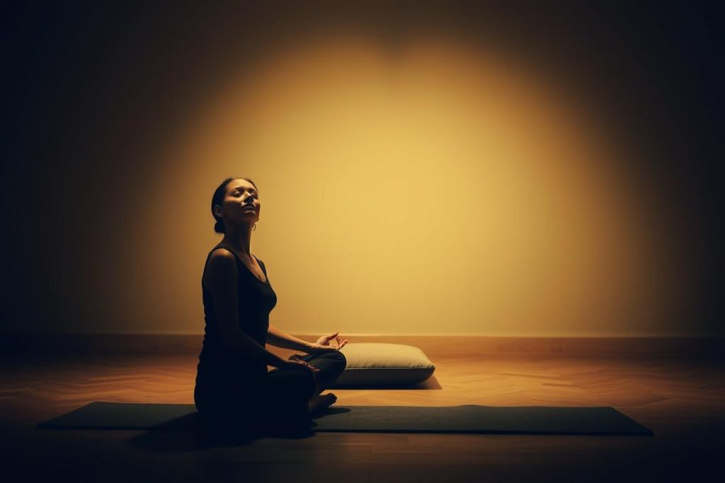 A serene meditation scene in a dimly lit, peaceful setting. In the foreground, a person sits cross-legged, their eyes closed, fully immersed in the rhythmic flow of their breath. Soft, warm lighting gently illuminates their face, creating a sense of tranquility. In the middle ground, a simple cushion or mat provides a comfortable platform for the meditator. The background features a minimalist, calming environment, such as a plain wall or a soothing natural landscape, allowing the viewer to focus on the breathwork. The overall atmosphere conveys a sense of deep, meditative focus and the tranquil power of conscious breathing. A serene meditation scene in a dimly lit, peaceful setting. In the foreground, a person sits cross-legged, their eyes closed, fully immersed in the rhythmic flow of their breath. Soft, warm lighting gently illuminates their face, creating a sense of tranquility. In the middle ground, a simple cushion or mat provides a comfortable platform for the meditator. The background features a minimalist, calming environment, such as a plain wall or a soothing natural landscape, allowing the viewer to focus on the breathwork. The overall atmosphere conveys a sense of deep, meditative focus and the tranquil power of conscious breathing.