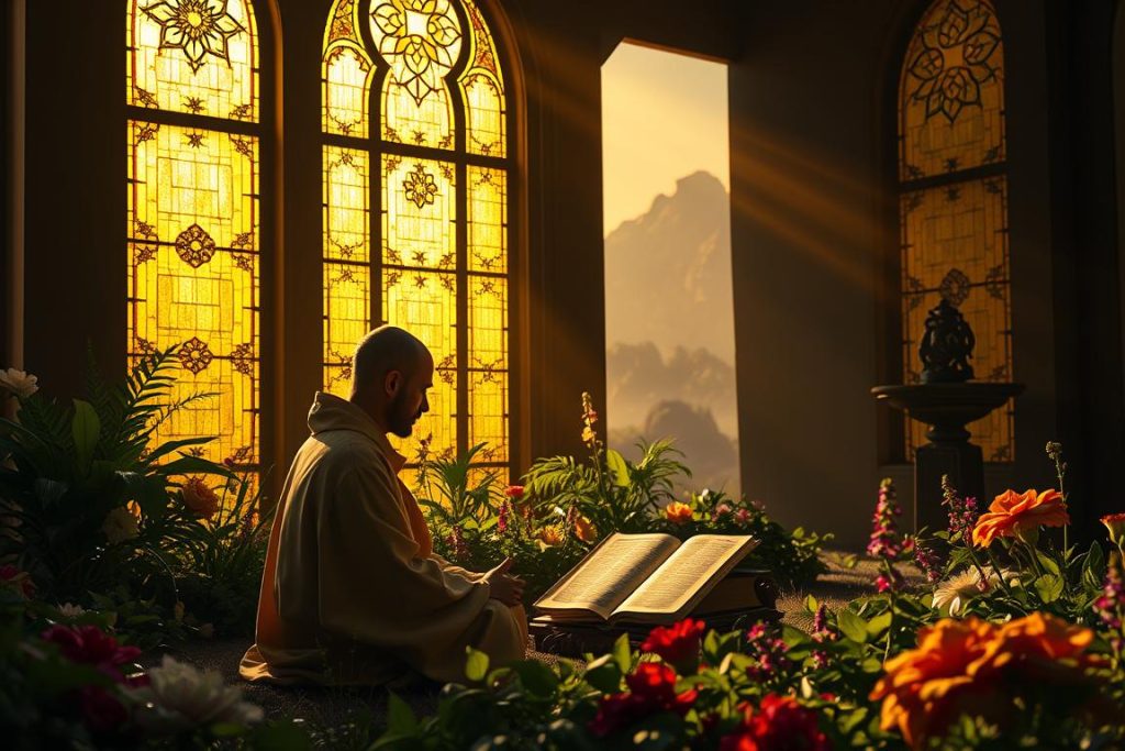 A serene sanctuary of spiritual growth, illuminated by warm, golden light filtering through stained glass windows. In the foreground, a figure sits in deep contemplation, their robes flowing gracefully as they meditate on ancient wisdom preserved in a weathered tome. Surrounding them, a lush garden in shades of green and vibrant blooms, symbolizing the blossoming of inner peace and enlightenment. In the background, the silhouettes of towering mountains, representing the challenges and peaks of the spiritual journey. An atmosphere of tranquility, introspection, and the timeless pursuit of self-discovery.