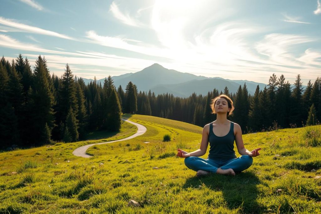 A serene, sun-dappled meadow, with a winding path leading into a verdant forest. In the foreground, a person sits cross-legged, eyes closed, engaged in contemplative meditation, their expression radiating a sense of inner peace and self-discovery. The middle ground reveals a majestic mountain range in the distance, its peaks reflecting the golden light of the setting sun. Wispy clouds drift overhead, creating a sense of tranquility and introspection. The overall atmosphere is one of exploration, introspection, and a deep connection with the natural world.