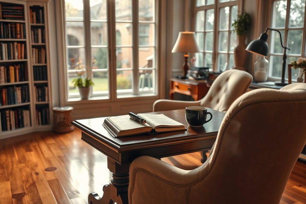 A serene writing desk with a plush armchair, set in a cozy, sunlit study. Warm hardwood floors, bookshelves lining the walls, and a large window overlooking a tranquil garden. On the desk, a leather-bound journal and a vintage fountain pen, inviting introspective reflection. The soft glow of a desk lamp casts a gentle, contemplative atmosphere. Wisps of steam rise from a steaming mug of tea, adding to the sense of calm focus. The overall scene evokes a sanctuary for inner exploration, where the mind can wander freely and find solace in the act of journaling.