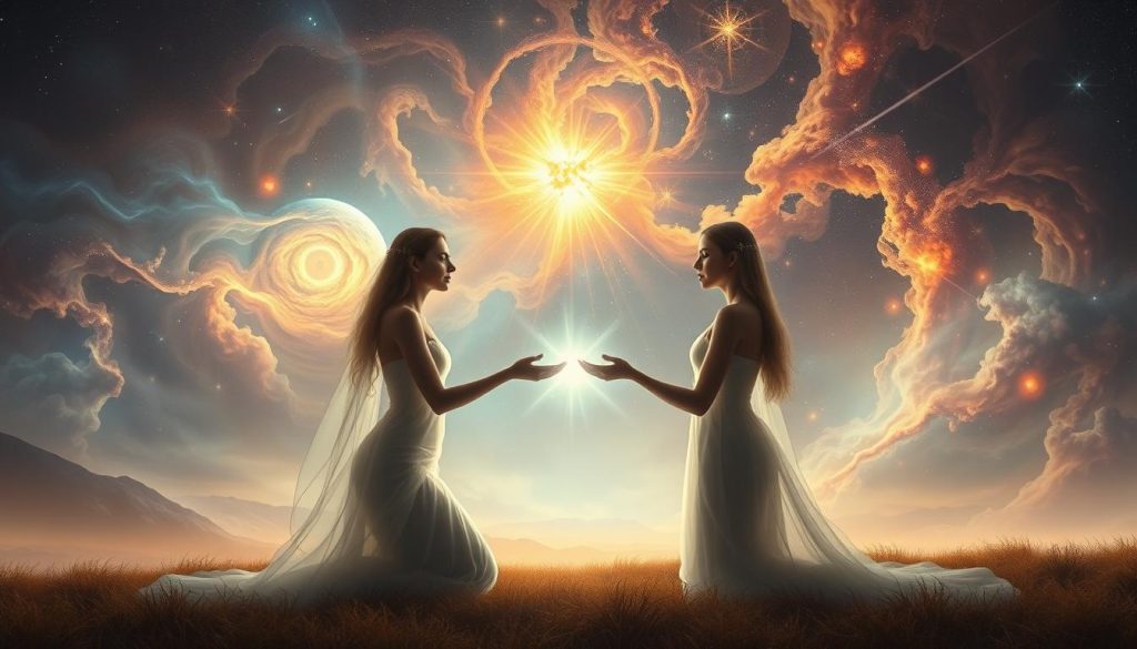 A surreal, ethereal landscape depicting the concept of "soul contracts". In the foreground, two ethereal figures, glowing with an otherworldly light, are engaged in a mystical ritual, their hands clasped together as they exchange a shimmering, translucent contract. Behind them, a vast, dreamlike expanse of swirling energy and celestial imagery, with nebulae, stars, and cosmic phenomena. Soft, diffuse lighting illuminates the scene, creating a sense of timelessness and spiritual depth. The overall atmosphere is one of profound connection, mysticism, and the unseen forces that guide our lives. Lightworker International.
