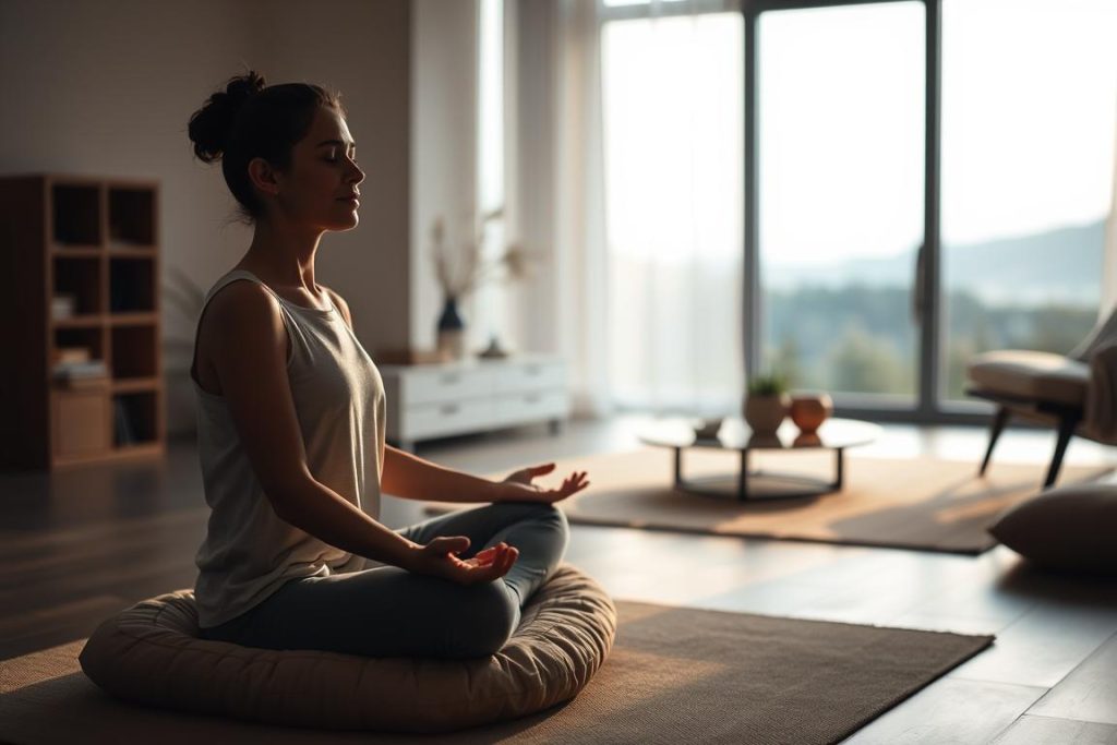 A tranquil scene of a person meditating in a serene, dimly lit room. The foreground shows a person sitting cross-legged on a plush cushion, eyes closed and expression peaceful, hands resting gently on their lap. Soft, warm lighting illuminates their face, creating a sense of focus and introspection. The middle ground features minimal, clean-lined furniture and decor, with plants or flowers adding natural elements. The background depicts a calming, blurred landscape visible through a large window, suggesting a connection to the outdoors and the natural world. The overall atmosphere is one of stillness, calm, and mindful presence. A tranquil scene of a person meditating in a serene, dimly lit room. The foreground shows a person sitting cross-legged on a plush cushion, eyes closed and expression peaceful, hands resting gently on their lap. Soft, warm lighting illuminates their face, creating a sense of focus and introspection. The middle ground features minimal, clean-lined furniture and decor, with plants or flowers adding natural elements. The background depicts a calming, blurred landscape visible through a large window, suggesting a connection to the outdoors and the natural world. The overall atmosphere is one of stillness, calm, and mindful presence.