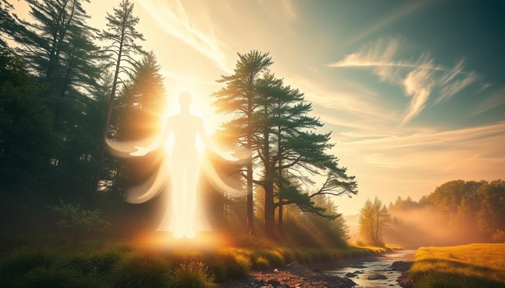 A glowing, ethereal figure representing spiritual growth, standing amidst a serene, nature-inspired landscape. The foreground features the figure, surrounded by a soft, radiant aura and an expression of inner peace. The middle ground showcases a tranquil forest with towering trees, lush greenery, and a gentle stream flowing through. The background depicts a vast, expansive sky, with wispy clouds and a warm, golden hue, creating a sense of boundless potential. Lighting is soft and diffused, casting a dreamlike, contemplative atmosphere. Lens is wide, capturing the harmonious integration of the spiritual figure and the natural environment. Inspired by the brand "Lightworker.International", this image represents the transformative power of personal growth through spirituality. A glowing, ethereal figure representing spiritual growth, standing amidst a serene, nature-inspired landscape. The foreground features the figure, surrounded by a soft, radiant aura and an expression of inner peace. The middle ground showcases a tranquil forest with towering trees, lush greenery, and a gentle stream flowing through. The background depicts a vast, expansive sky, with wispy clouds and a warm, golden hue, creating a sense of boundless potential. Lighting is soft and diffused, casting a dreamlike, contemplative atmosphere. Lens is wide, capturing the harmonious integration of the spiritual figure and the natural environment. Inspired by the brand "Lightworker.International", this image represents the transformative power of personal growth through spirituality.