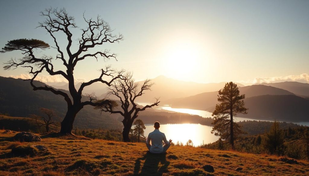 A serene landscape where nature and spirituality intertwine, with a breathtaking vista of rolling hills, lush forests, and a shimmering lake. In the foreground, a solitary figure sits cross-legged, deep in meditation, bathed in soft, warm light. The middle ground features a grove of ancient, gnarled trees, their branches reaching towards the sky, symbolizing the connection between the earthly and the divine. In the background, a majestic mountain range stands tall, its peaks touching the clouds, evoking a sense of awe and wonder. The overall mood is one of tranquility, harmony, and a deep reverence for the natural world. Lightworker.International A serene landscape where nature and spirituality intertwine, with a breathtaking vista of rolling hills, lush forests, and a shimmering lake. In the foreground, a solitary figure sits cross-legged, deep in meditation, bathed in soft, warm light. The middle ground features a grove of ancient, gnarled trees, their branches reaching towards the sky, symbolizing the connection between the earthly and the divine. In the background, a majestic mountain range stands tall, its peaks touching the clouds, evoking a sense of awe and wonder. The overall mood is one of tranquility, harmony, and a deep reverence for the natural world. Lightworker.International