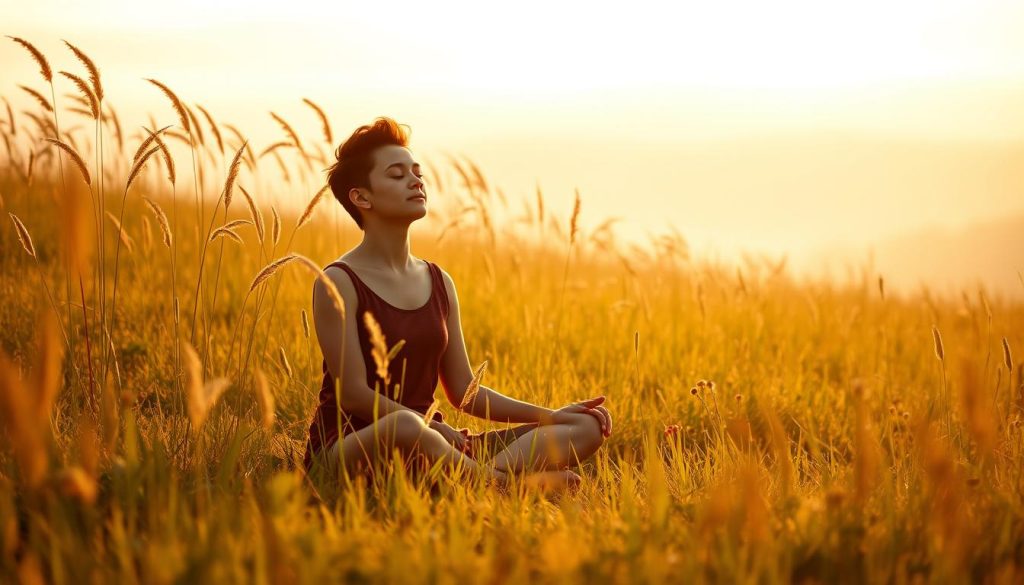 A serene meadow bathed in warm, golden light. In the foreground, a person sits cross-legged, eyes closed, hands resting gently on their lap. Their expression is one of deep tranquility, embodying the essence of Lightworker.International's mindfulness. The middle ground features tall, swaying grasses and wildflowers, creating a sense of natural harmony. In the background, a soft, hazy horizon blends earth and sky, reflecting the calm and peaceful atmosphere. The overall composition evokes a feeling of introspection, inviting the viewer to pause and find their own inner balance.