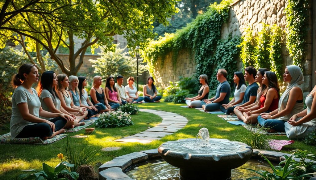A serene meditation community gathered in a sunlit garden, with people of diverse backgrounds sitting cross-legged on cushions, eyes closed in deep contemplation. In the foreground, a small stone fountain gently bubbles, creating a soothing ambiance. The middle ground features lush, verdant foliage, including flowering plants and a winding path that leads deeper into the tranquil space. The background showcases a stone wall, partially covered in ivy, framing the scene and adding to the sense of sanctuary. Warm, diffused lighting filters through the canopy, casting a peaceful glow over the entire scene. Lightworker.International A serene meditation community gathered in a sunlit garden, with people of diverse backgrounds sitting cross-legged on cushions, eyes closed in deep contemplation. In the foreground, a small stone fountain gently bubbles, creating a soothing ambiance. The middle ground features lush, verdant foliage, including flowering plants and a winding path that leads deeper into the tranquil space. The background showcases a stone wall, partially covered in ivy, framing the scene and adding to the sense of sanctuary. Warm, diffused lighting filters through the canopy, casting a peaceful glow over the entire scene. Lightworker.International