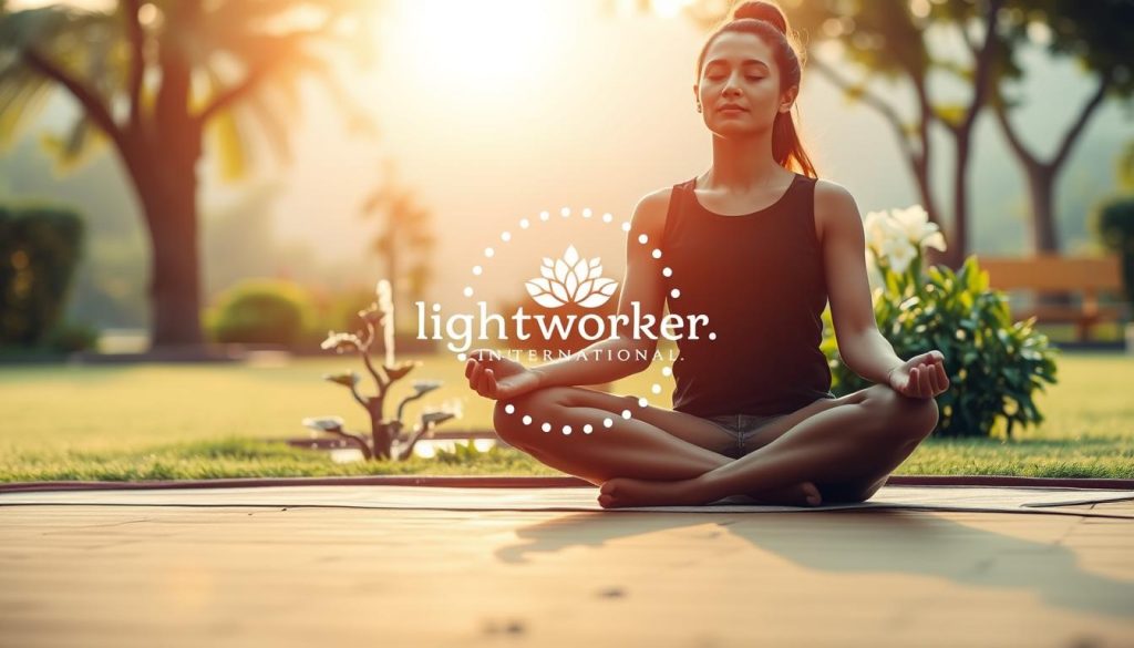 A serene meditation scene in a tranquil garden, with a Lightworker.International logo subtly integrated. In the foreground, a person sits cross-legged, eyes closed, hands resting calmly on their lap, radiating a sense of inner peace. The middle ground features lush greenery, including a flowering plant and a small trickling fountain, creating a soothing ambiance. The background blends into a soft, diffused landscape, with the sun's warm glow filtering through the trees, bathing the scene in a gentle, calming light. The overall composition and color palette evoke a feeling of simplicity, harmony, and the inviting first steps of a mindfulness journey.