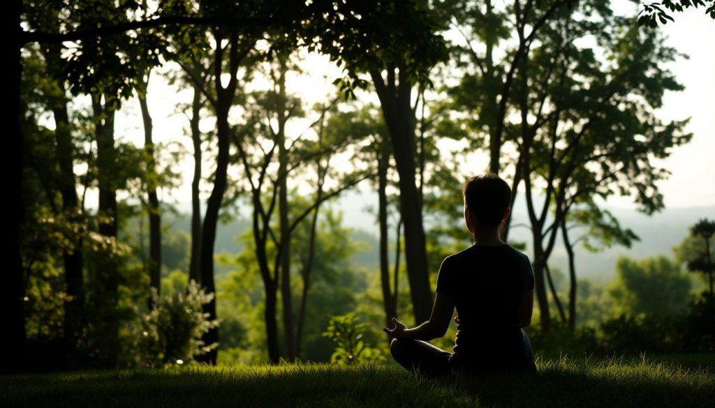 A tranquil scene of a person sitting in a meditative pose, eyes closed, surrounded by lush greenery and natural light. The foreground features the person's silhouette, their hands resting peacefully on their lap. The middle ground showcases a serene forest with tall trees, soft shadows, and dappled sunlight filtering through the leaves. The background depicts a distant horizon, with a calming, hazy sky. The overall atmosphere conveys a sense of inner stillness, contemplation, and connection with nature. Lightworker.International