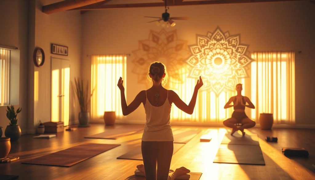 A tranquil yoga studio bathed in warm, golden light. In the foreground, a serene practitioner guides through a series of soothing chakra-balancing poses - tree, warrior, child's pose. Muted colors, natural textures, and minimalist decor set a calming ambiance. In the background, an abstract mandala-like design with symbolic chakra icons hovers, reflecting the energetic flow. Lightworker.International