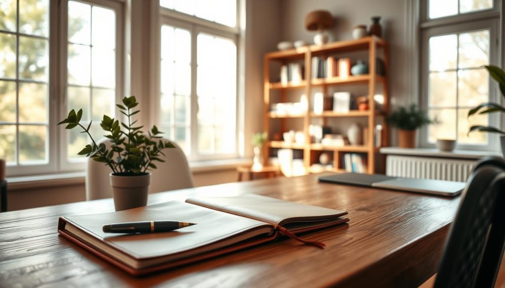A warm, inviting scene of a serene home office with abundant natural light streaming through large windows. A wooden desk is adorned with a leather-bound journal, a calligraphy pen, and a small potted plant. Shelves in the background display an assortment of books and decorative accents. The overall atmosphere is one of tranquility and mindfulness, encouraging the viewer to embark on a gratitude journaling practice. Soft, diffused lighting creates a cozy, intimate ambiance. Subtle textures and muted colors evoke a sense of intentionality and introspection. Lightworker.International