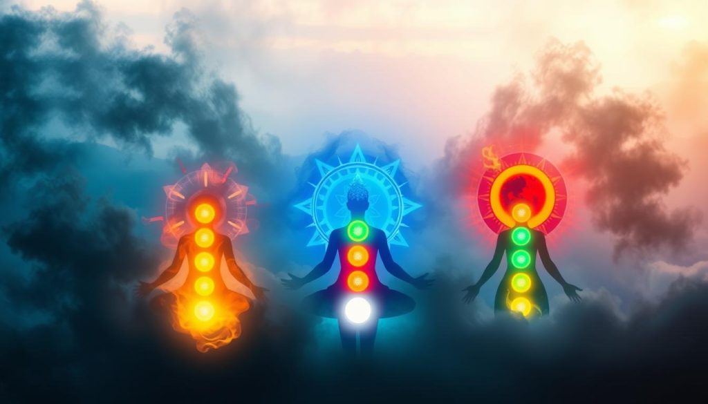 Blocked Chakras: A vibrant, ethereal visualization of the seven chakras, each energy center represented by a glowing, colored sphere, encased in a swirling mist of light and shadow. The foreground depicts the chakras in a state of obstruction, with dark, clouded energy surrounding them. The middle ground showcases the chakras opening and releasing their pent-up energy, while the background features a serene, introspective landscape, bathed in soft, diffused lighting. Lightworker.International