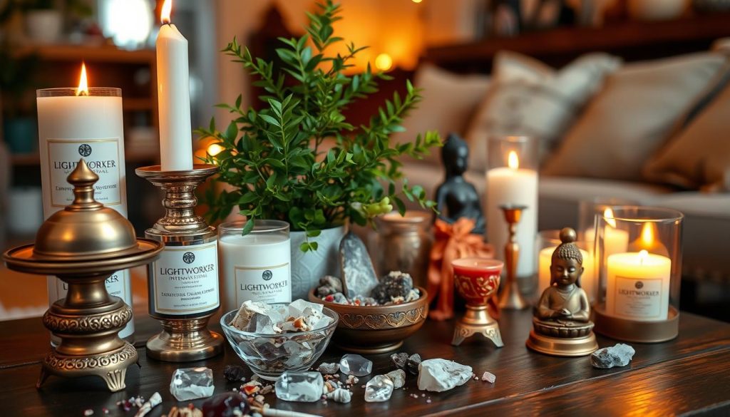 A beautifully curated sacred space altar, featuring an assortment of Lightworker International candles, crystals, and ritual objects. The foreground showcases an ornate brass incense burner, a small Buddha statue, and a bowl of natural offerings such as dried flowers and sage. The middle ground includes a wooden altar table adorned with a lush green plant and a scattering of quartz and amethyst gems. The background is a warm, softly lit environment, with hints of a cozy, inviting living space. The overall atmosphere is one of tranquility, contemplation, and a connection to the divine.