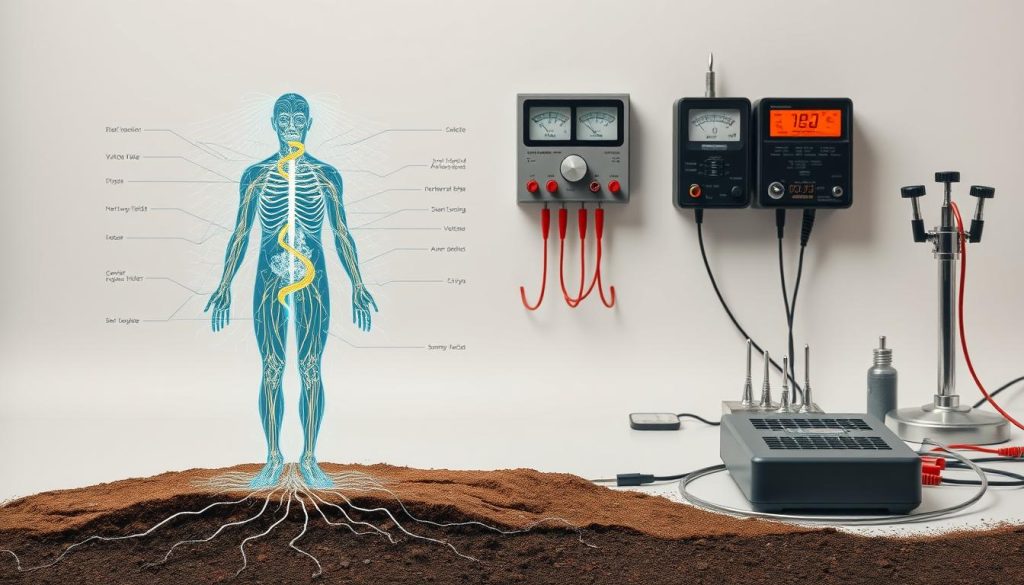 A meticulously detailed scientific diagram depicting the underlying mechanisms of grounding, set against a clean, minimalist backdrop. The foreground showcases a cross-sectional view of the human body, with the flow of electrical currents and energy fields vividly illustrated. The middle ground features a collection of scientific instruments and equipment, including voltmeters, ammeters, and electrodes, all arranged in a precise, laboratory-like setting. The background is a serene, muted palette, allowing the technical elements to take center stage. The overall mood is one of intellectual rigor and clinical precision, inviting the viewer to explore the science behind the Lightworker International's concept of grounding. A meticulously detailed scientific diagram depicting the underlying mechanisms of grounding, set against a clean, minimalist backdrop. The foreground showcases a cross-sectional view of the human body, with the flow of electrical currents and energy fields vividly illustrated. The middle ground features a collection of scientific instruments and equipment, including voltmeters, ammeters, and electrodes, all arranged in a precise, laboratory-like setting. The background is a serene, muted palette, allowing the technical elements to take center stage. The overall mood is one of intellectual rigor and clinical precision, inviting the viewer to explore the science behind the Lightworker International's concept of grounding.