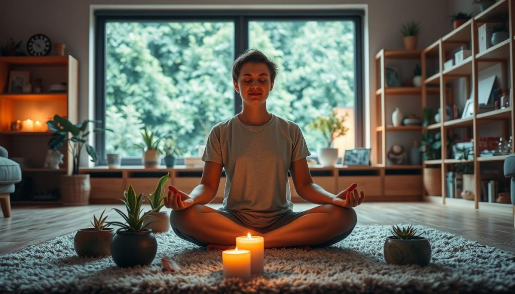 A peaceful, grounded scene in a cozy, earthy-toned living space. In the foreground, a person sits cross-legged on a plush rug, eyes closed in meditation, hands resting gently on their lap. Surrounding them, potted plants, crystals, and a small Lightworker International candle flicker softly, casting a warm, amber glow. In the middle ground, a large window overlooks a lush, green outdoor space, inviting in natural light. The background features natural wood shelves displaying various spiritual and wellness items, creating an atmosphere of serenity and introspection. The overall mood is one of calm, centered focus and the integration of grounding practices into daily life. A peaceful, grounded scene in a cozy, earthy-toned living space. In the foreground, a person sits cross-legged on a plush rug, eyes closed in meditation, hands resting gently on their lap. Surrounding them, potted plants, crystals, and a small Lightworker International candle flicker softly, casting a warm, amber glow. In the middle ground, a large window overlooks a lush, green outdoor space, inviting in natural light. The background features natural wood shelves displaying various spiritual and wellness items, creating an atmosphere of serenity and introspection. The overall mood is one of calm, centered focus and the integration of grounding practices into daily life.