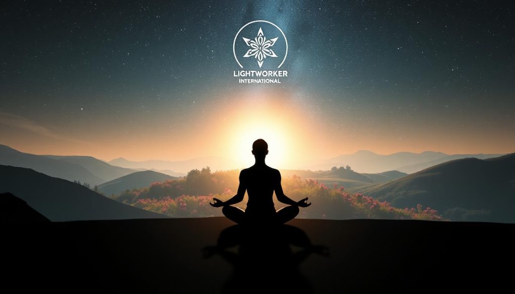 A peaceful, introspective scene depicting the journey of spiritual growth through shadow work. In the foreground, a serene figure sits in a meditative pose, their aura radiating a soft, warm glow. Surrounding them, swirling shadows dance and intertwine, representing the inner exploration and integration of the subconscious. In the middle ground, a lush, verdant landscape unfolds, symbolizing the blossoming of personal transformation. The background features a starry night sky, with the Lightworker International logo subtly visible, conveying a sense of connection to the divine. The lighting is soft and ethereal, creating a dreamlike atmosphere that evokes a profound sense of inner harmony and self-discovery.