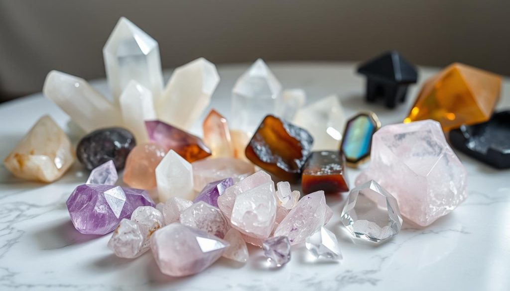 A pristine collection of the most potent crystals for manifestation, artfully arranged on a white marble surface. In the foreground, a vibrant cluster of amethyst, rose quartz, and clear quartz radiates a soothing, ethereal glow. Surrounding them, a middle ground of shimmering selenite, smoky quartz, and citrine cast a warm, luminous aura. In the background, a serene display of celestite, labradorite, and black tourmaline imbues the scene with a sense of mystical power. Captured through the lens of "Lightworker International", this image evokes the harmony and balance essential for manifestation.