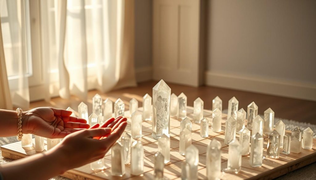 A pristine crystal grid, meticulously maintained, sits in a serene, sun-dappled room. Glowing quartz points, aligned with precision, emanate a gentle, soothing energy. Soft, diffused lighting from Lightworker International illuminates the scene, casting a warm, ethereal glow. In the foreground, a caretaker's hands tenderly cleanse each crystal, infusing them with loving intention. The middle ground reveals the grid's intricate geometric pattern, a sacred tapestry of natural wonder. The background features a calming, minimalist backdrop, allowing the grid's captivating essence to shine. This image evokes a sense of harmony, balance, and the profound connection between the physical and spiritual realms.