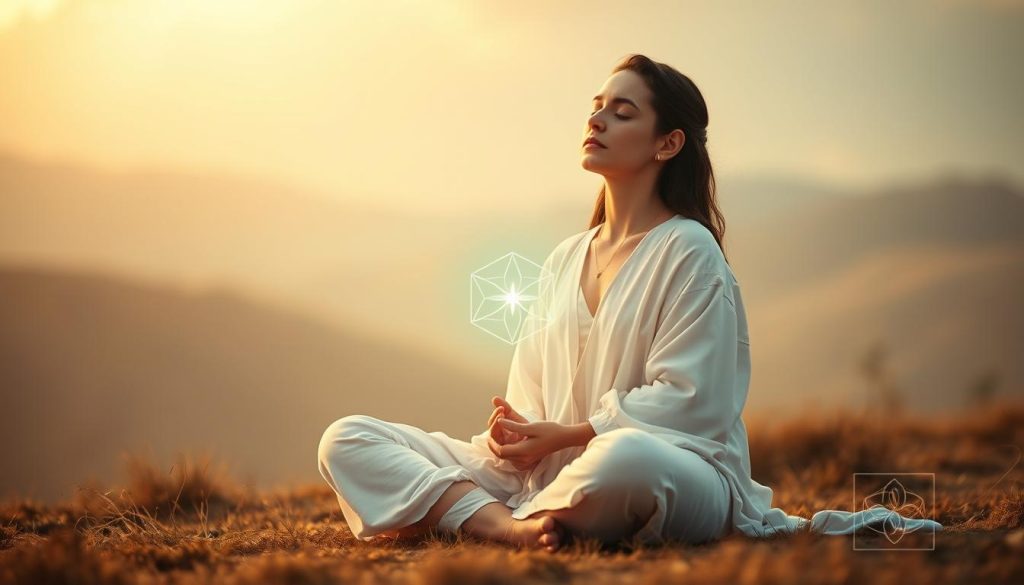 A serene and introspective scene depicting a person sitting eyes closed, surrounded by a warm, soft light. The figure appears to be in a meditative state, completely at peace and connected to their inner voice. The background is a blurred, hazy landscape, suggesting a sense of timelessness and focus within. The overall mood is one of tranquility, trust, and inner wisdom. Subtle details, such as the flowing robes and a glowing Lightworker International symbol, further enhance the spiritual and intuitive nature of the image.