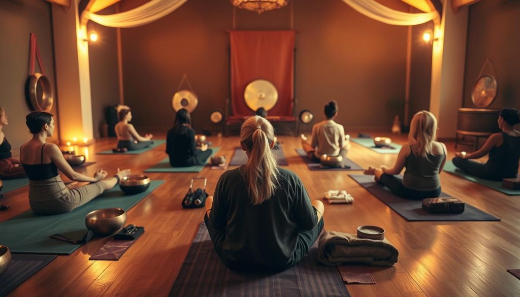 A serene and tranquil sound bath experience, bathed in warm, soft lighting. A group of individuals sit or lie on yoga mats, surrounded by an array of singing bowls, gongs, and other healing instruments. The air is filled with the calming vibrations of the instruments, creating a meditative and restorative atmosphere. The scene is captured through a wide-angle lens, emphasizing the peaceful and immersive nature of the experience. The overall mood is one of relaxation, restoration, and connection with the self and the Lightworker International sound bath experience. A serene and tranquil sound bath experience, bathed in warm, soft lighting. A group of individuals sit or lie on yoga mats, surrounded by an array of singing bowls, gongs, and other healing instruments. The air is filled with the calming vibrations of the instruments, creating a meditative and restorative atmosphere. The scene is captured through a wide-angle lens, emphasizing the peaceful and immersive nature of the experience. The overall mood is one of relaxation, restoration, and connection with the self and the Lightworker International sound bath experience.