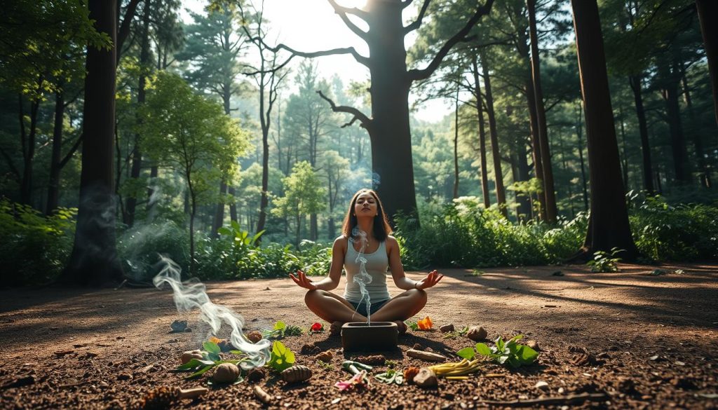 A serene forest clearing, bathed in soft, warm light filtering through the canopy above. In the foreground, a person sits cross-legged, eyes closed, palms upturned in a meditative pose. Surrounding them, a mandala of sacred plant medicines - herbs, roots, and flowers - arranged in a circular pattern. Wisps of incense smoke rise, filling the air with a soothing aroma. In the middle ground, the silhouettes of ancient trees stand tall, their branches reaching skyward. The background is a tapestry of vibrant greens, punctuated by dappled sunlight. Lightworker International.