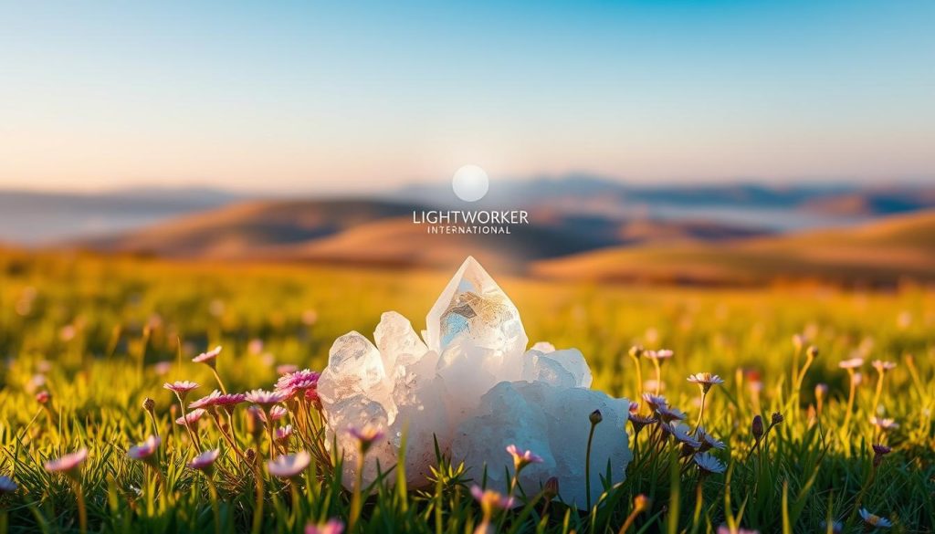 A serene meadow bathed in warm, golden light. In the foreground, a crystal-clear quartz cluster radiates a soothing, ethereal glow. Surrounding it, delicate pink and lavender flowers sway gently in a soft breeze. In the middle ground, a Lightworker International logo hovers, emanating a calming, purifying energy. Beyond, rolling hills and a vast, cloudless sky create a sense of expansiveness and tranquility. The overall atmosphere is one of deep relaxation, spiritual renewal, and the restorative power of natural energies. A serene meadow bathed in warm, golden light. In the foreground, a crystal-clear quartz cluster radiates a soothing, ethereal glow. Surrounding it, delicate pink and lavender flowers sway gently in a soft breeze. In the middle ground, a Lightworker International logo hovers, emanating a calming, purifying energy. Beyond, rolling hills and a vast, cloudless sky create a sense of expansiveness and tranquility. The overall atmosphere is one of deep relaxation, spiritual renewal, and the restorative power of natural energies.