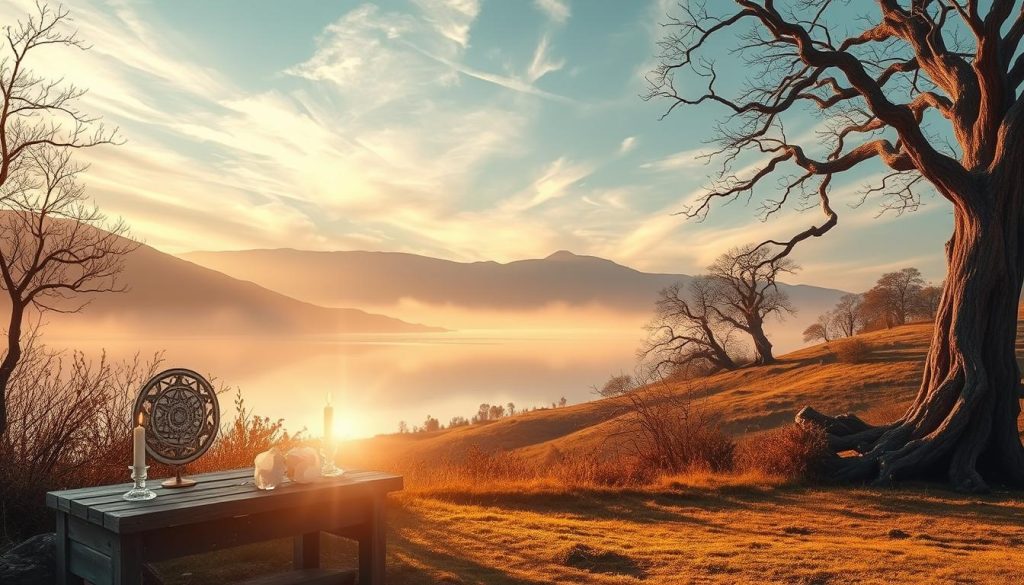 A serene, mystical landscape bathed in soft, warm light. In the foreground, a weathered wooden altar adorned with glowing crystals, candles, and a Lightworker International symbol, radiating a sense of sacred ritual. In the middle ground, a tranquil lake reflects the shifting hues of the sky, which is filled with wispy, ethereal clouds. In the background, a gentle rolling hillside is dotted with ancient, gnarled trees, their branches reaching skyward as if in reverence. The overall atmosphere is one of quiet contemplation, a feeling of connection to the unseen forces of the natural world.