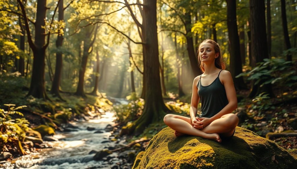 A serene, sun-dappled forest with towering trees and lush greenery. In the foreground, a person sitting cross-legged on a mossy rock, eyes closed in deep contemplation, hands resting gently on their lap. Soft, warm lighting filters through the canopy, creating a sense of tranquility and inner focus. The person's expression radiates a peaceful, intuitive connection with the natural world around them. In the background, a flowing stream or river winds its way through the undergrowth, symbolizing the ebb and flow of intuition. Lightworker International