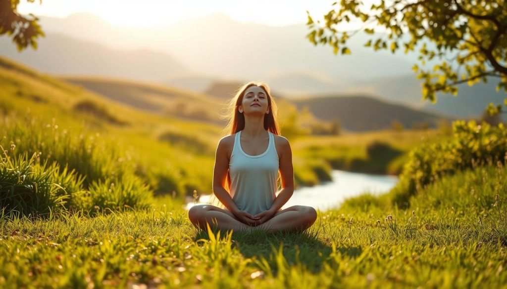 A serene, sun-dappled meadow surrounded by lush, verdant foliage. In the foreground, a Lightworker International practitioner sits cross-legged, eyes closed, face uplifted towards the warm sunlight, exuding a sense of tranquility and inner restoration. The middle ground features a flowing stream, its gentle ripples reflecting the sky above. In the background, a rolling, hilly landscape with distant mountains, conveying a feeling of expansiveness and spiritual rejuvenation. The lighting is soft and diffused, creating an atmosphere of peace and healing. The overall mood is one of soothing restoration, as the Lightworker International practitioner emerges from a state of spiritual fatigue.