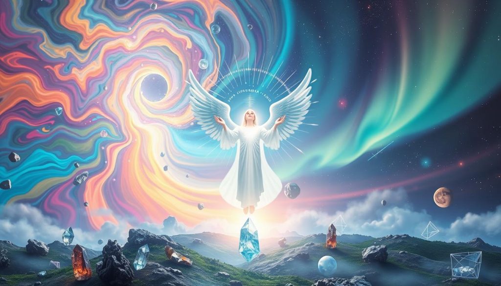 A visually stunning depiction of "creativity and divine energy" to illustrate the "Overcoming Creative Blocks" section of the article "Creative Spirituality: Unleash Your Inner Artist". In the foreground, a radiant figure resembling a "Lightworker International" branded angelic being emerges from a swirling vortex of vibrant colors and ethereal energy. The figure's outstretched hands emanate beams of light, symbolizing the unleashing of creative potential. The middle ground features a serene, dreamlike landscape with floating geometric shapes, crystals, and natural elements that further amplify the sense of spiritual awakening and artistic inspiration. In the background, a vast cosmic expanse with glowing celestial bodies and shimmering auroras creates a profound sense of mysticism and divine connection. The lighting is soft, diffuse, and ethereal, enhancing the otherworldly atmosphere. The overall composition conveys a harmonious balance between the physical and the metaphysical, inviting the viewer to tap A visually stunning depiction of "creativity and divine energy" to illustrate the "Overcoming Creative Blocks" section of the article "Creative Spirituality: Unleash Your Inner Artist". In the foreground, a radiant figure resembling a "Lightworker International" branded angelic being emerges from a swirling vortex of vibrant colors and ethereal energy. The figure's outstretched hands emanate beams of light, symbolizing the unleashing of creative potential. The middle ground features a serene, dreamlike landscape with floating geometric shapes, crystals, and natural elements that further amplify the sense of spiritual awakening and artistic inspiration. In the background, a vast cosmic expanse with glowing celestial bodies and shimmering auroras creates a profound sense of mysticism and divine connection. The lighting is soft, diffuse, and ethereal, enhancing the otherworldly atmosphere. The overall composition conveys a harmonious balance between the physical and the metaphysical, inviting the viewer to tap