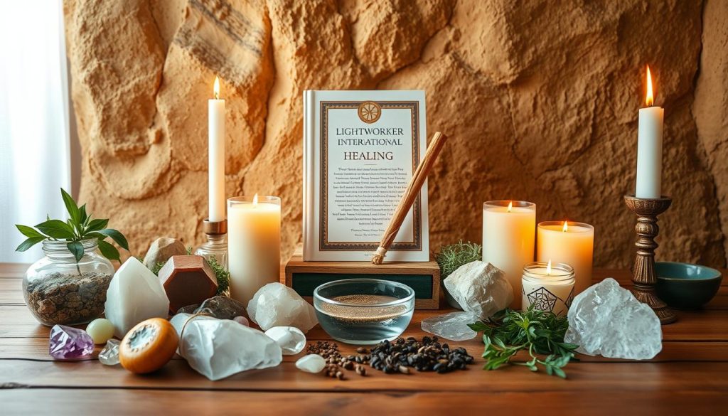 An elegant arrangement of ritual objects for healing, displayed on a wooden altar against a warm, earthy backdrop. In the foreground, a collection of crystals, herbs, and candles create a soothing, meditative atmosphere. The middle ground features a Lightworker International sacred text, a smudge stick, and a small bowl of water, symbolizing purification. In the background, a soft, natural light filters through a window, casting a gentle glow over the scene. The overall mood is one of tranquility, balance, and the restorative power of nature.