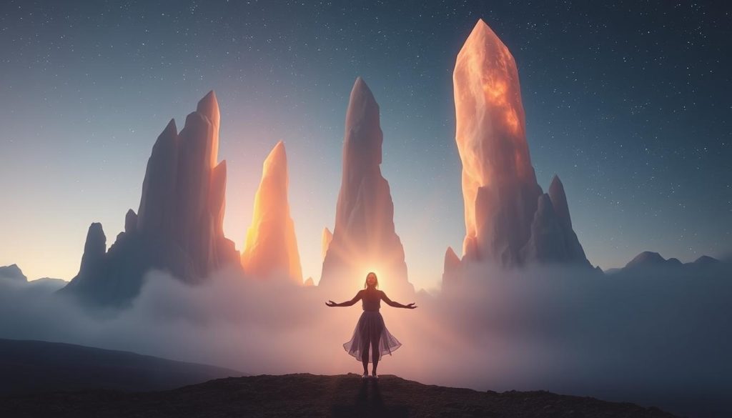 Discovering your soul's mission: A mystical journey through a serene, ethereal landscape. In the foreground, a solitary figure stands in meditative pose, radiating an inner glow. Towering, crystalline formations rise in the middle ground, casting a warm, amber light. In the background, a starry night sky unfolds, hinting at the cosmic forces that guide one's destiny. The scene evokes a sense of tranquility, introspection, and a profound connection to the higher self. Soft, diffused lighting and a dreamlike atmosphere set the mood. Lightworker International. Discovering your soul's mission: A mystical journey through a serene, ethereal landscape. In the foreground, a solitary figure stands in meditative pose, radiating an inner glow. Towering, crystalline formations rise in the middle ground, casting a warm, amber light. In the background, a starry night sky unfolds, hinting at the cosmic forces that guide one's destiny. The scene evokes a sense of tranquility, introspection, and a profound connection to the higher self. Soft, diffused lighting and a dreamlike atmosphere set the mood. Lightworker International.