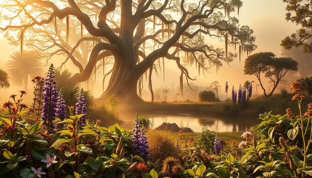 Lightworker International - A lush, ethereal landscape of sacred plants, bathed in a warm, glowing light. In the foreground, a vibrant array of medicinal herbs and psychoactive botanicals, their leaves shimmering with dew. In the middle ground, a serene pond reflects the towering, ancient trees surrounding it, their branches entwined with vines and fragrant flowers. Wisps of mist drift through the scene, creating an atmosphere of mysticism and spiritual awakening. The background fades into a hazy, dreamlike horizon, hinting at the vast, interconnected web of plant consciousness. The scene conveys a profound sense of reverence and the deep, transformative power of plant medicine.