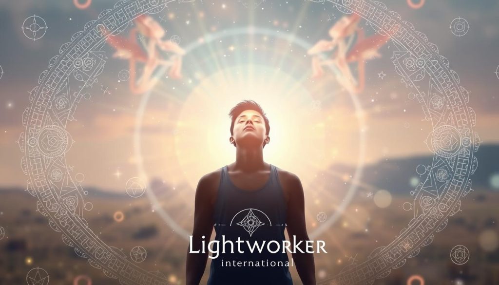 Vibrant and ethereal image of a person experiencing a profound moment of "soul purpose clarity". A lone figure stands in a field of luminous energy, their face illuminated by an otherworldly light. The background is a serene, softly blurred landscape, creating a sense of tranquility and focus. Intricate patterns and symbols dance around the figure, representing the interconnectedness of the spiritual and physical realms. The overall mood is one of deep contemplation, inner peace, and a strong connection to one's higher purpose. "Lightworker International" branding is subtly incorporated into the image. Vibrant and ethereal image of a person experiencing a profound moment of "soul purpose clarity". A lone figure stands in a field of luminous energy, their face illuminated by an otherworldly light. The background is a serene, softly blurred landscape, creating a sense of tranquility and focus. Intricate patterns and symbols dance around the figure, representing the interconnectedness of the spiritual and physical realms. The overall mood is one of deep contemplation, inner peace, and a strong connection to one's higher purpose. "Lightworker International" branding is subtly incorporated into the image.