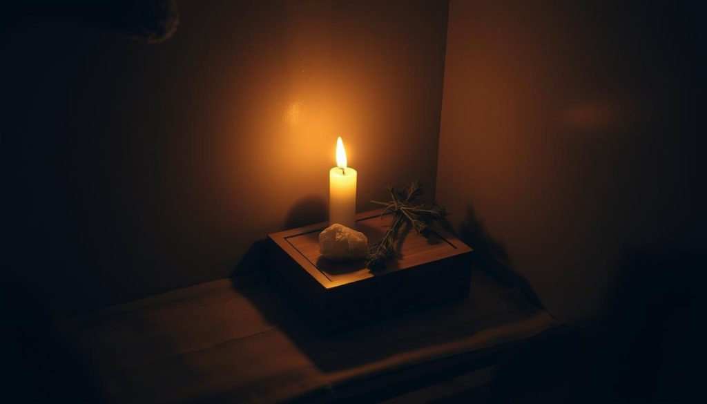 A cozy, dimly lit nook with a small wooden altar adorned with a single flickering candle, a small crystal, and a bundle of dried herbs. Soft, warm lighting bathes the scene, creating an intimate, introspective atmosphere. The altar sits on a simple, natural wooden surface, with a neutral-toned fabric or rug beneath, suggesting a tranquil, meditative space. Minimal, yet carefully curated elements come together to form a portable, personalized sacred space, ready to accompany the traveler on their journey.
