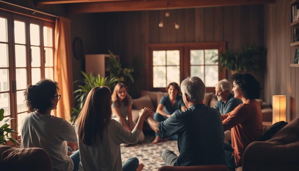 A cozy, dimly lit room with warm, earthy tones. In the foreground, a group of people sit in a circle, their faces reflecting a sense of deep connection and support. Their hands are joined, creating a tangible bond. The middle ground features lush plants and soft, inviting furniture, fostering a nurturing atmosphere. In the background, a large window allows natural light to filter in, casting a gentle glow and a sense of openness. The overall mood is one of comfort, empathy, and the embracing of one's inner shadows, reflecting the role of community in the process of self-care and shadow work.