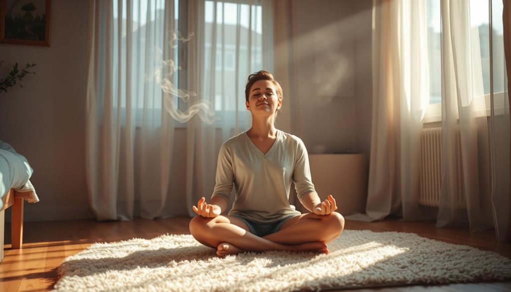 A cozy, sun-dappled bedroom at dawn. A person sits cross-legged on a plush rug, eyes closed in deep contemplation. Incense wisps float through the air, casting a soft, golden glow. Gentle morning light filters through sheer curtains, illuminating the serene space. The person's palms rest gently on their thighs as they recite their daily mantra, their face radiating a sense of inner peace and focus. The overall scene conveys a tranquil, meditative atmosphere, inviting the viewer to pause and find their own moment of calm. A cozy, sun-dappled bedroom at dawn. A person sits cross-legged on a plush rug, eyes closed in deep contemplation. Incense wisps float through the air, casting a soft, golden glow. Gentle morning light filters through sheer curtains, illuminating the serene space. The person's palms rest gently on their thighs as they recite their daily mantra, their face radiating a sense of inner peace and focus. The overall scene conveys a tranquil, meditative atmosphere, inviting the viewer to pause and find their own moment of calm.