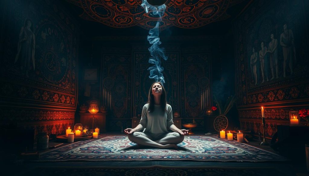 A dimly lit spiritual room, adorned with intricate tapestries and incense-filled air. In the center, a person sits cross-legged, eyes closed, deep in meditation. Surrounding them, symbols and iconography representing various belief systems - crystals, dreamcatchers, runes, and celestial motifs. The lighting is soft, with a warm, amber glow emanating from candles placed strategically. A sense of tranquility and introspection permeates the scene, hinting at the connection between dreams, spirituality, and the inner journey of self-discovery.