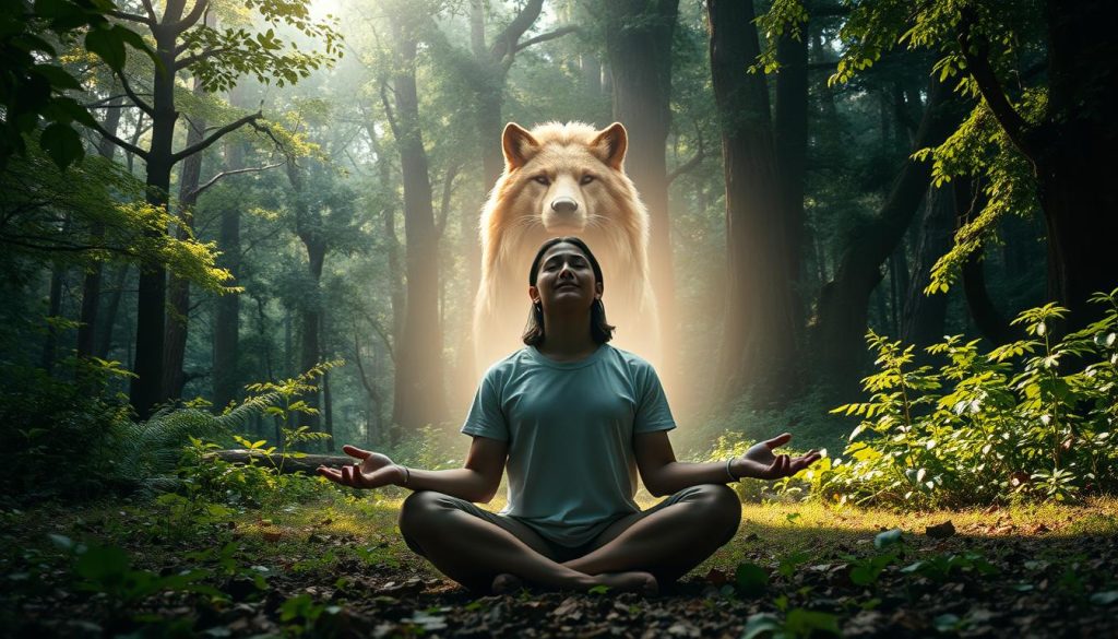 A person sits cross-legged in a serene forest clearing, eyes closed in meditation. Their hands rest gently on their lap, palms upturned as if receiving a divine presence. Surrounding them, a majestic animal spirit guide emerges from the lush, verdant foliage, its powerful form radiating an aura of wisdom and ancient knowledge. Soft, diffused lighting filters through the canopy, casting a warm, ethereal glow over the scene. The overall atmosphere is one of deep connection, introspection, and the profound experience of communing with the natural world and its spiritual guardians.