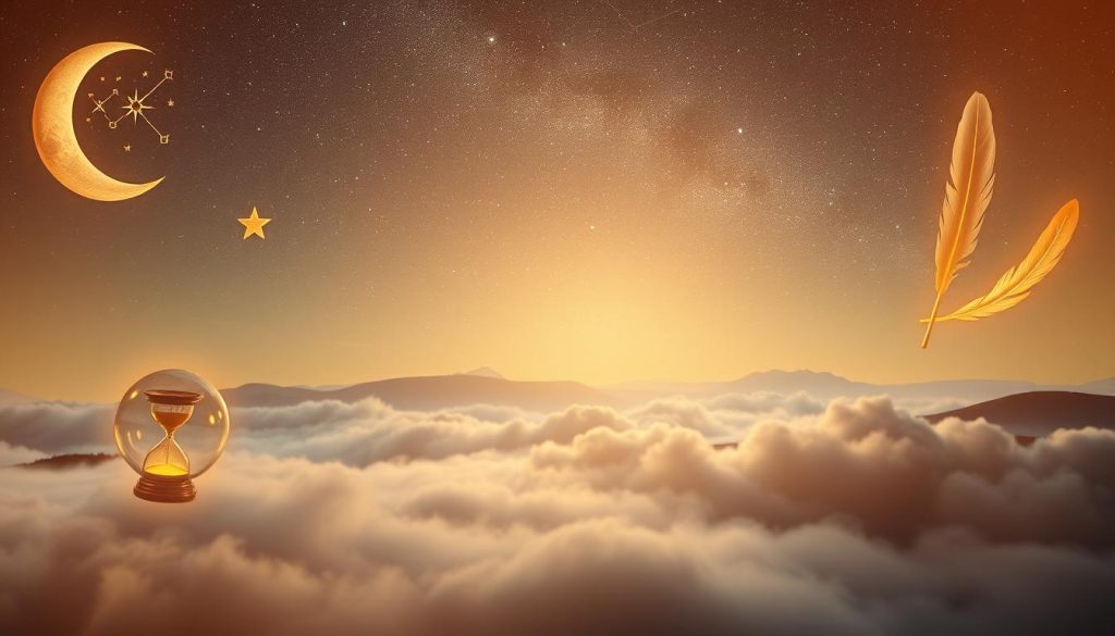 A serene and mystical dreamscape, bathed in soft, warm lighting. In the foreground, an array of symbolic dream objects float and hover - a crescent moon, stars, a crystal ball, an hourglass, a labyrinth, and a glowing feather. In the middle ground, wispy clouds part to reveal a night sky twinkling with constellations. The background features a misty, ethereal landscape with rolling hills and a distant, silhouetted horizon. The overall atmosphere is one of introspection, intuition, and the exploration of the subconscious.
