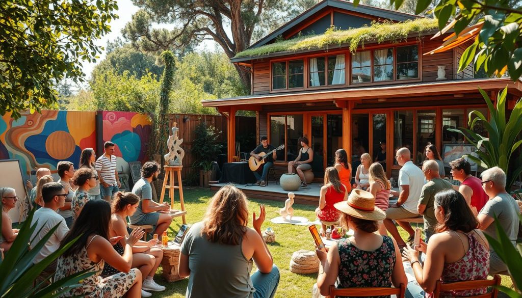 A serene community gathering in a sun-dappled garden, surrounded by vibrant abstract murals and organic sculptures. In the foreground, small groups of artists and creatives engage in soulful discussions, their hands gracefully shaping clay, brushstrokes flowing. The middle ground features an outdoor stage, where a musician plays a soulful melody on a handcrafted instrument, drawing in the audience. In the background, a wooden structure with large windows and a living green roof serves as a shared creative hub, its warm lighting casting a welcoming glow. The overall atmosphere is one of collaboration, inspiration, and a deep connection to the creative spirit.