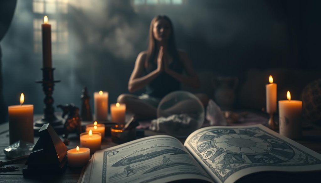A serene, dimly lit room with a focus on metaphysical tools and symbols associated with shadow work. In the foreground, an open book with intricate illustrations, surrounded by candles, crystals, and other ritual objects. In the middle ground, a figure silhouetted in the shadows, hands cupped in a meditative pose. The background is hazy, with a subtle interplay of light and dark, creating an atmospheric, contemplative ambiance. The lighting is soft and moody, with warm tones accentuating the mystical elements. The overall composition conveys a sense of introspection, self-exploration, and the embracing of the darker aspects of the self.