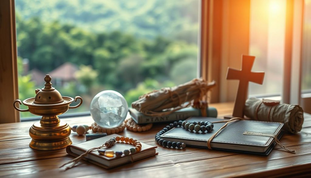 A serene, ethereal scene depicting a collection of spiritual tools and objects for travel, arranged on a wooden surface. In the foreground, a brass incense burner, a small leather-bound journal, and a set of gemstone beads. In the middle ground, a polished crystal sphere, a bundle of sage, and a handcrafted wooden cross. In the background, a softly lit window overlooking a lush, verdant landscape, bathed in warm, golden light. The overall atmosphere is one of calm, introspection, and a sense of connection to the natural world and the divine.