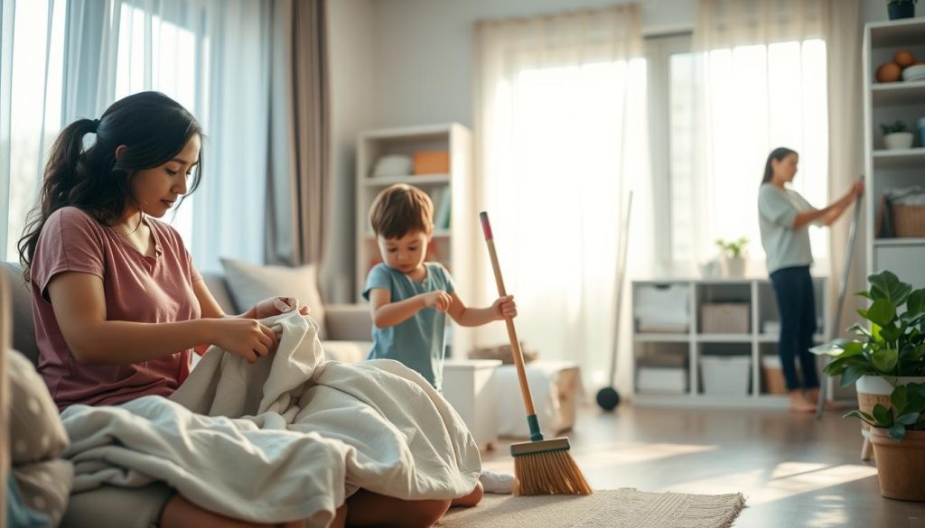 A serene family home, sunlight filtering through sheer curtains. In the foreground, a parent and child folding laundry together, their movements calm and focused. In the middle ground, a child sweeping the floor with a small broom, their face tranquil. In the background, a parent tidying shelves, bringing order to the space. Soft, natural lighting illuminates the scene, creating a sense of peaceful domesticity. The overall mood is one of mindfulness, each task performed with care and attention. A serene family home, sunlight filtering through sheer curtains. In the foreground, a parent and child folding laundry together, their movements calm and focused. In the middle ground, a child sweeping the floor with a small broom, their face tranquil. In the background, a parent tidying shelves, bringing order to the space. Soft, natural lighting illuminates the scene, creating a sense of peaceful domesticity. The overall mood is one of mindfulness, each task performed with care and attention.