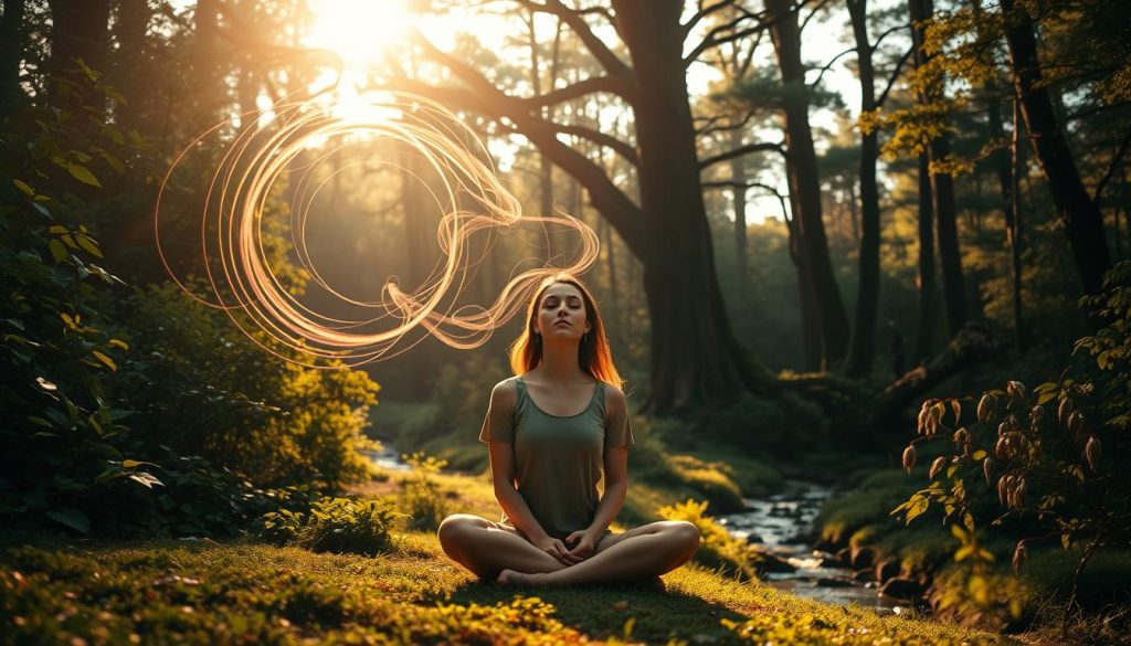 A serene forest glade bathed in warm, golden light. In the foreground, a woman sits cross-legged, her eyes closed in deep contemplation. Swirling wisps of color and energy emanate from her, symbolizing the intuitive spark of creativity. The middle ground features lush, verdant foliage and a meandering stream, conveying a sense of tranquility and natural flow. In the background, towering trees reach towards the sky, their branches intertwining to create a sense of mysticism and connection to the divine. The overall atmosphere is one of introspection, intuition, and the effortless manifestation of ideas.